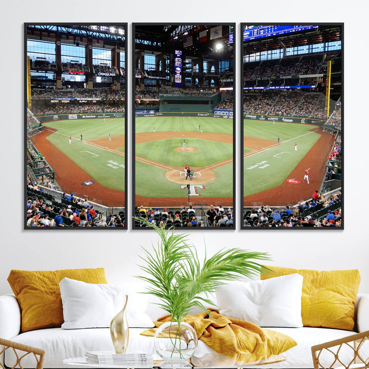 Admire the Texas Rangers Wall Art showcasing Globe Life Fields covered stadium and its lively crowd.