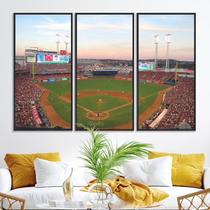 Cincinnati Reds game at sunset: Stadium wall art canvas.