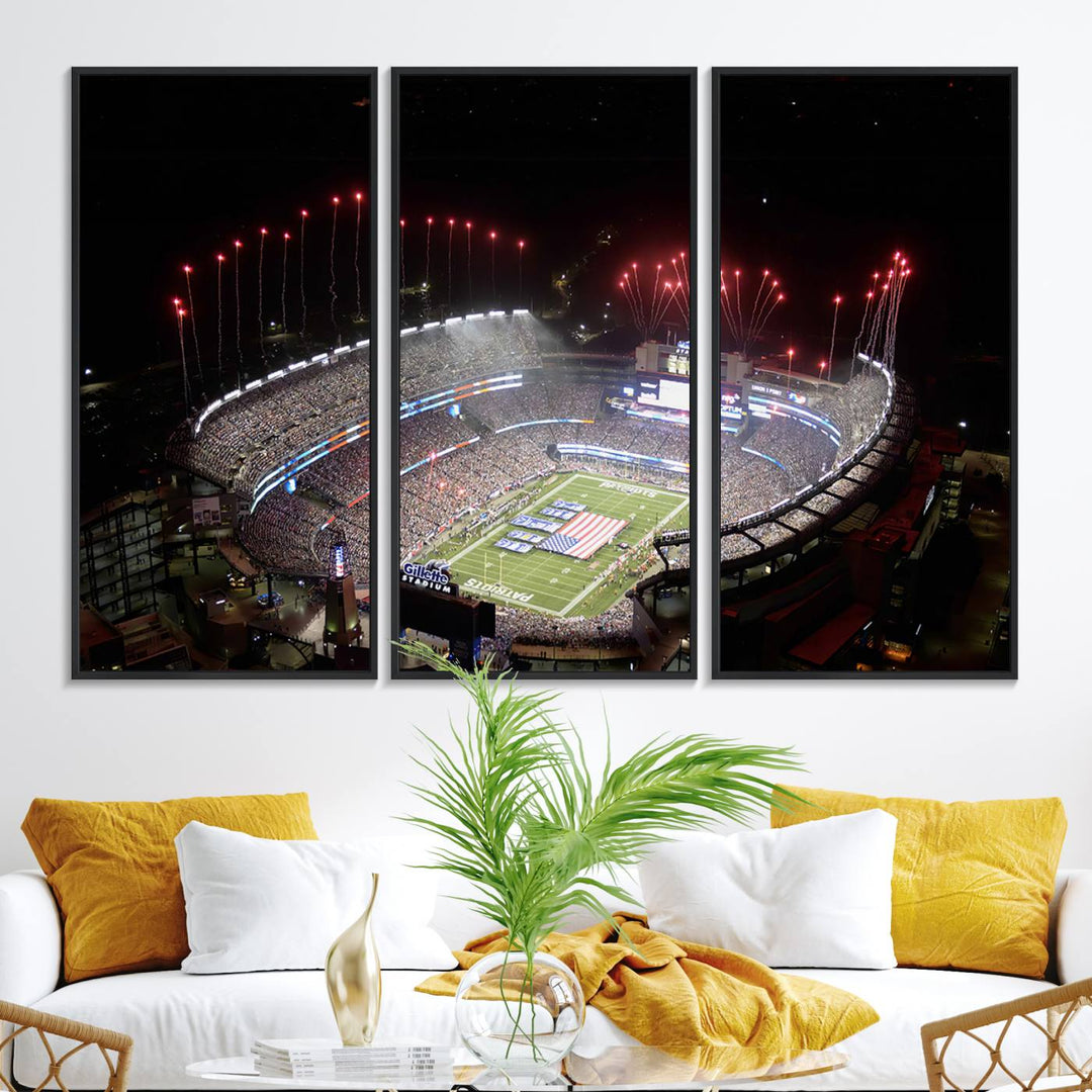 Aerial view of Gillette Stadium with fireworks and flag—ideal for a New England Patriots canvas print.