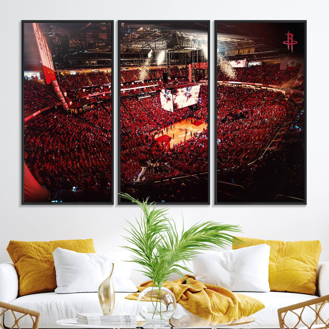 A crowded basketball arena with red lighting hosts a Houston Rockets game.