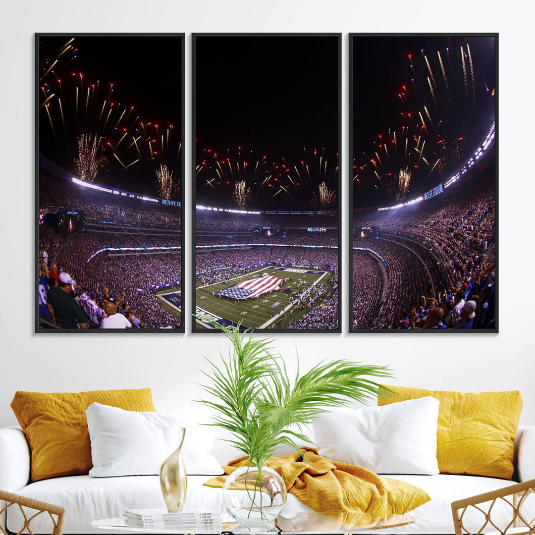 A vibrant wall art piece in MetLife Stadium features a stunning American flag design, capturing the spirited atmosphere of game day.