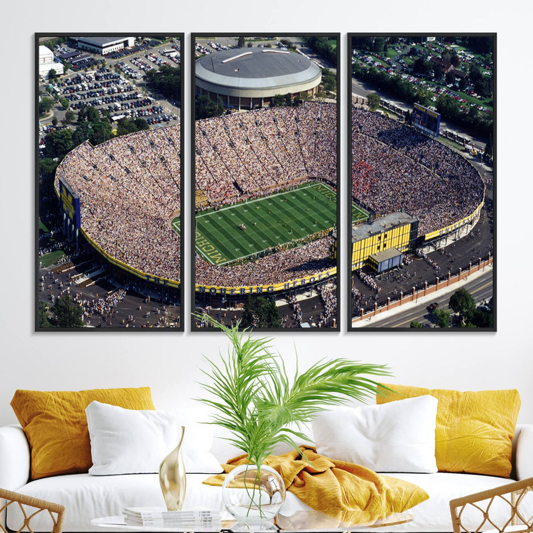 Aerial view of Michigan Wolverines college football culture on a stadium canvas wall art.