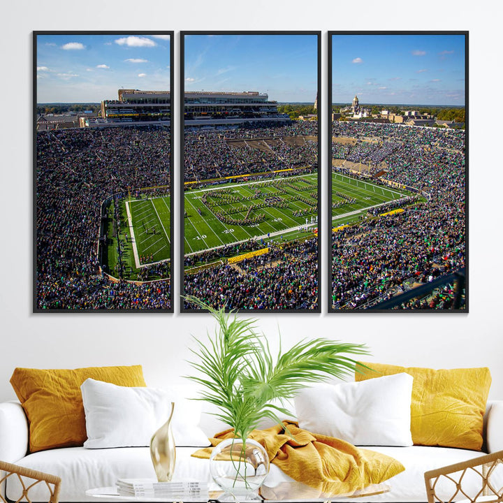 Aerial shot of packed stadium on green; Notre Dame Fighting Irish Stadium Wall Art Canvas Print.