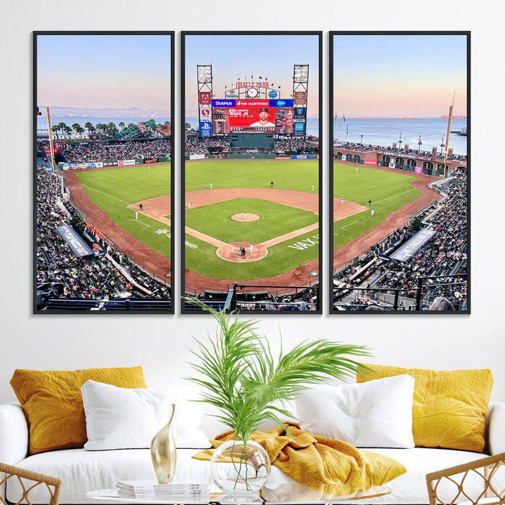 Gallery-quality canvas print of Oracle Park Stadium showcasing a waterfront view from behind home plate.