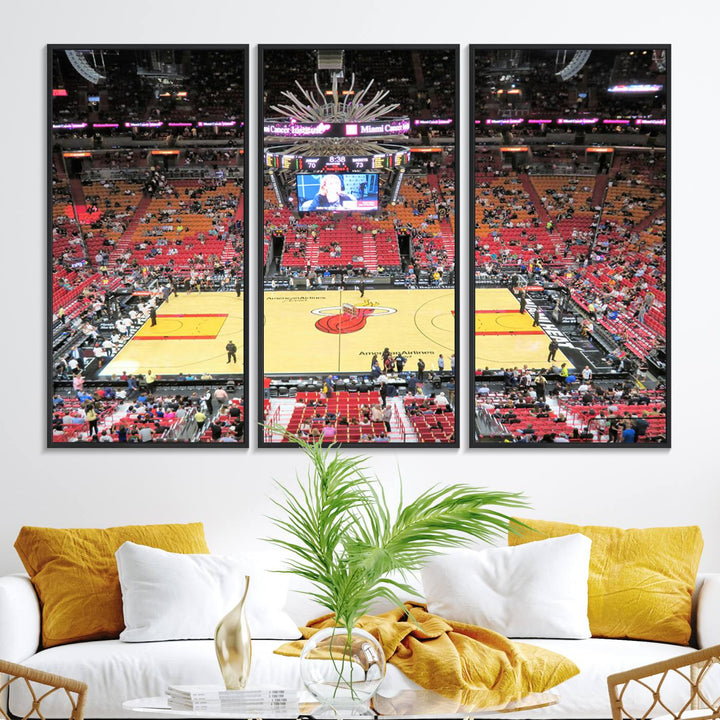 A Miami Heat Basketball Print showcases Kaseya Center Stadium Wall Art with a grand scoreboard.