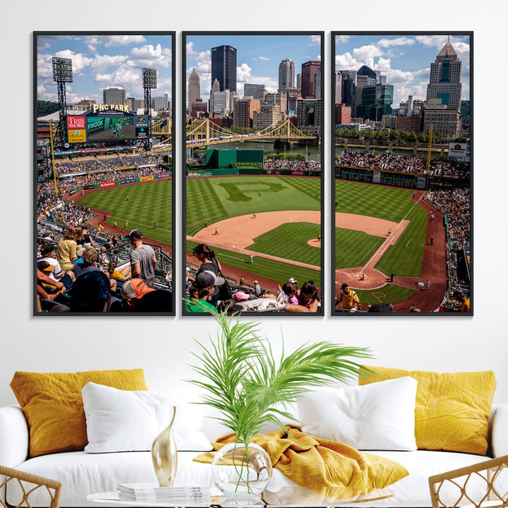 PNC Park Stadium canvas print features a lush field and city skyline, ready to hang.