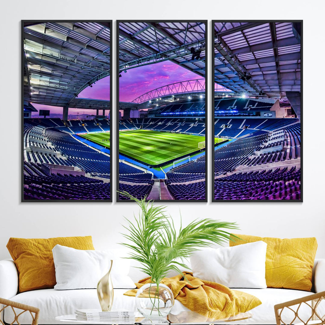 The FC Porto Soccer Team Dragon Stadium Wall Art Canvas Print decorates the room.