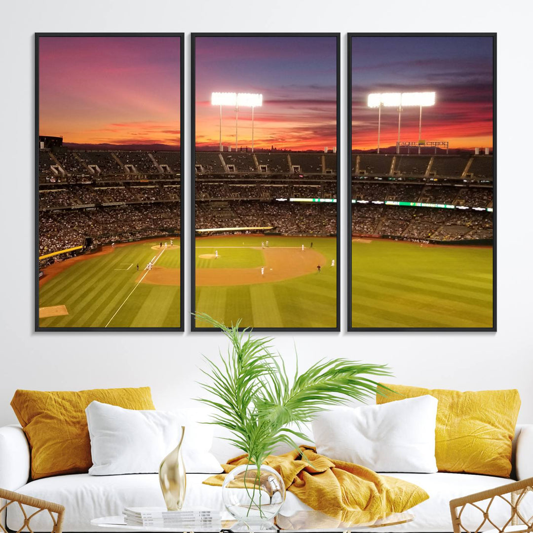 The Oakland Coliseum print is a museum-quality canvas depicting a full crowd and a sunset.