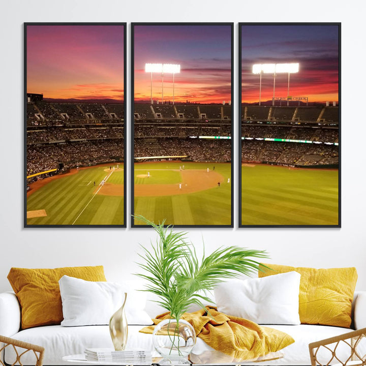 The Oakland Coliseum print is a museum-quality canvas depicting a full crowd and a sunset.