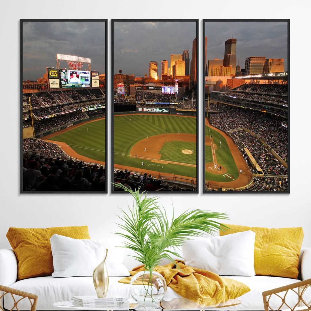 Baseball at Target Field, sunset game, city skyline view.