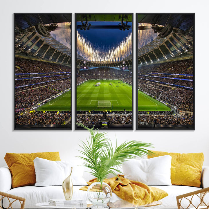 A stunning Tottenham Hotspur Stadium wall art captures the energy of a stadium packed with fans and vibrant lights.