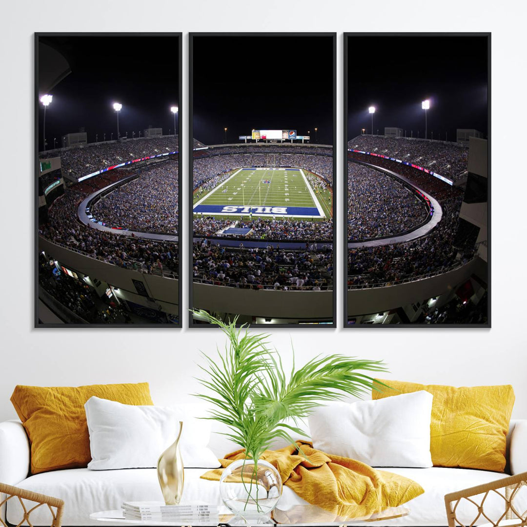 The Buffalo Bills NFL Highmark Stadium at night print captures the bright lights, conveying an exhilarating atmosphere.