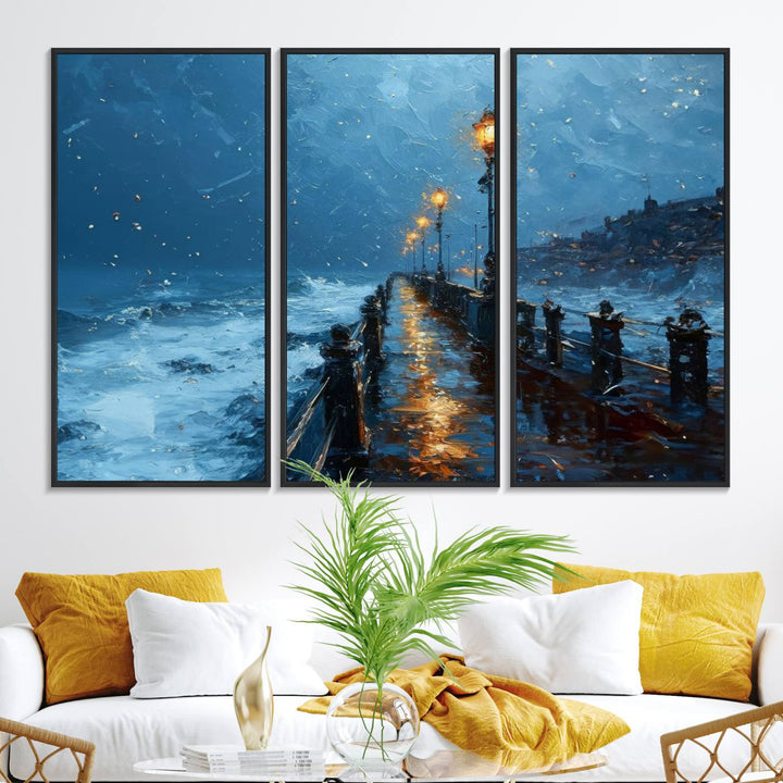 A framed oil painting depicts a stormy night at a beach pier, with glowing lamps and waves beneath a snow-filled sky.