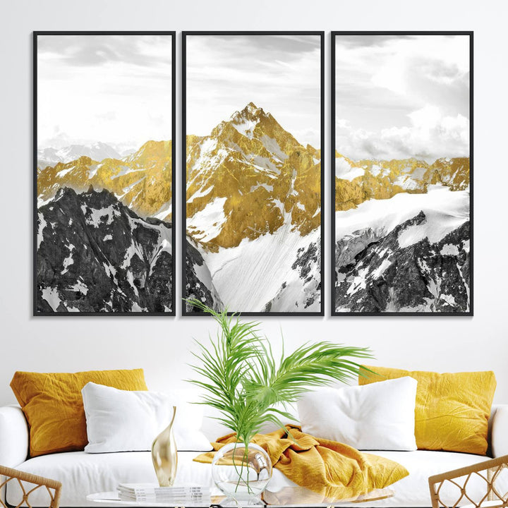 Gold Abstract Mountains Wall Art Print on Canvas.