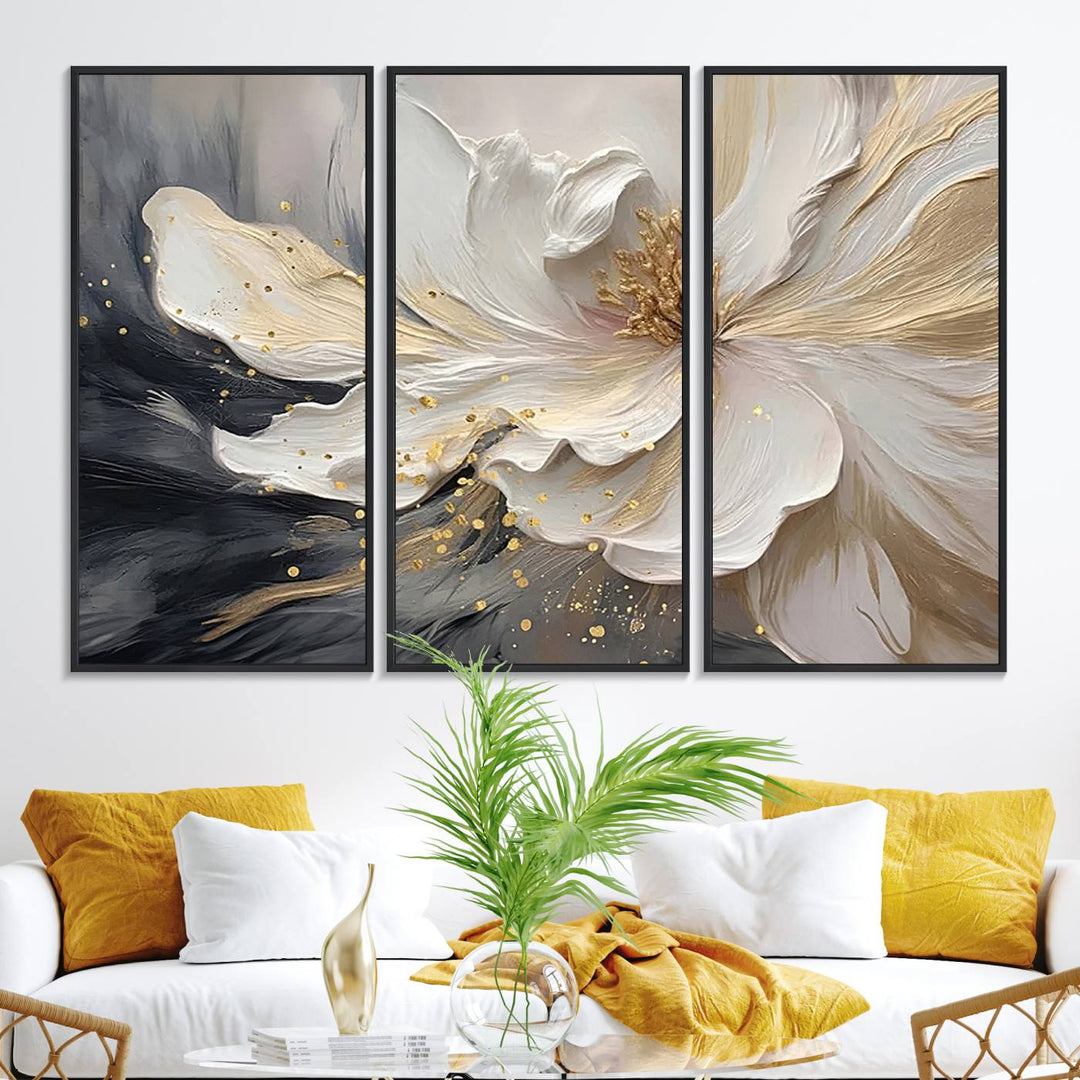 The abstract floral wall art canvas print features a large flower with gold accents.