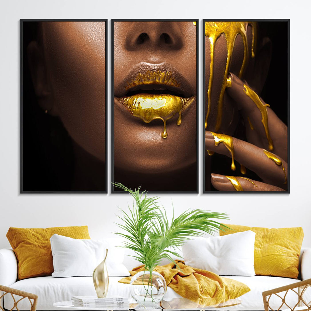 African American Art Canvas Print of a Black Woman with Gold Lips.