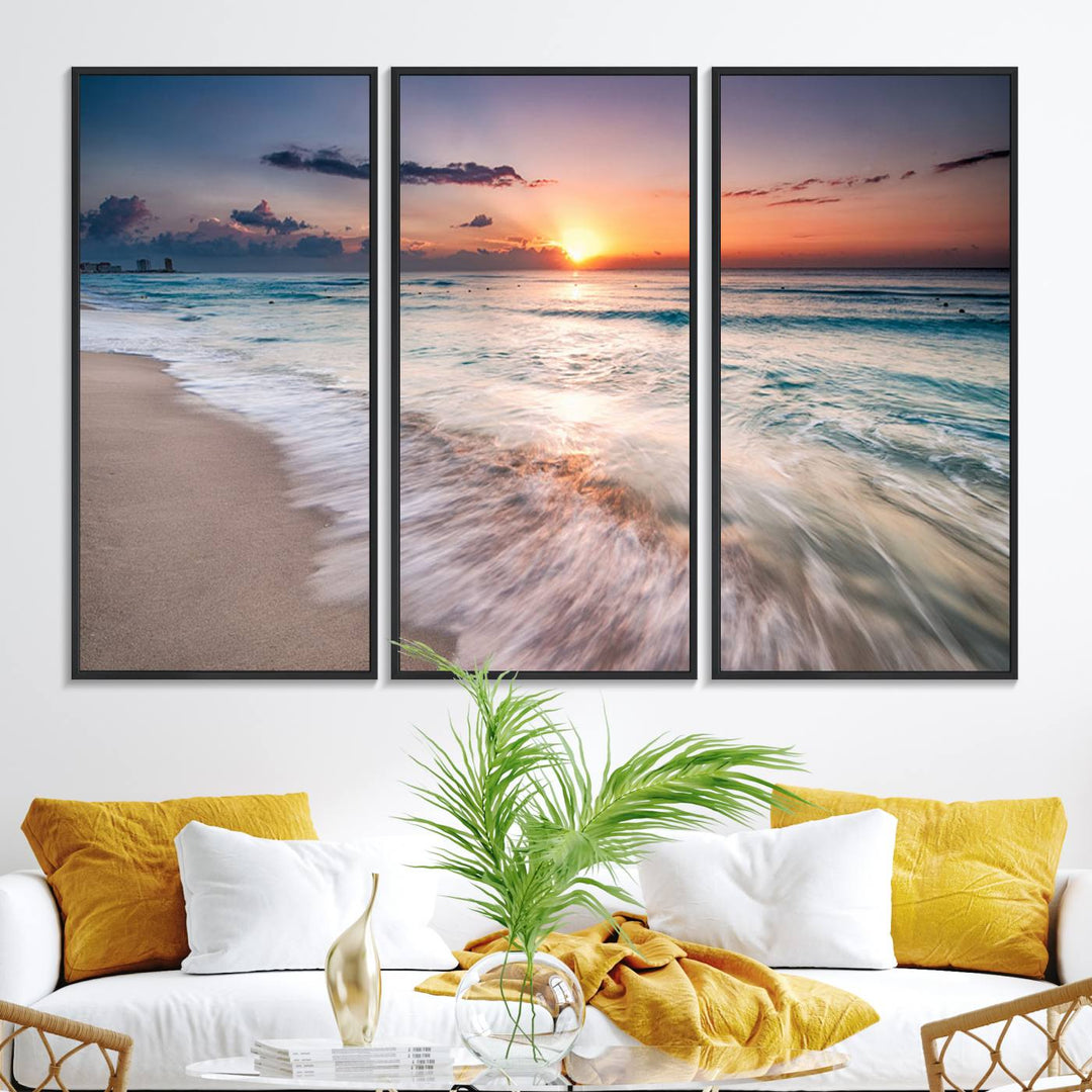 The Sunset Beach Wall Art adds tranquility to the living room.