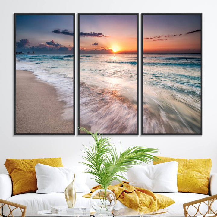 The Sunset Beach Wall Art adds tranquility to the living room.