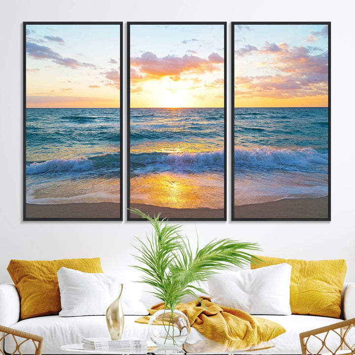 The Golden Sunset Over Ocean Waves painting depicts a vibrant sky.