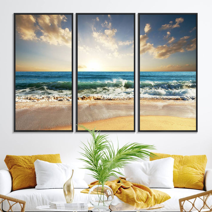 A Golden Sunset Beach triptych adorns the wall.