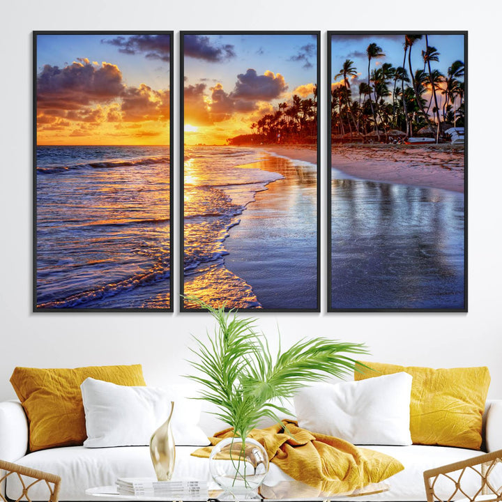 Serene Beach Sunset Wall Art Canvas featuring ocean waves hangs prominently.