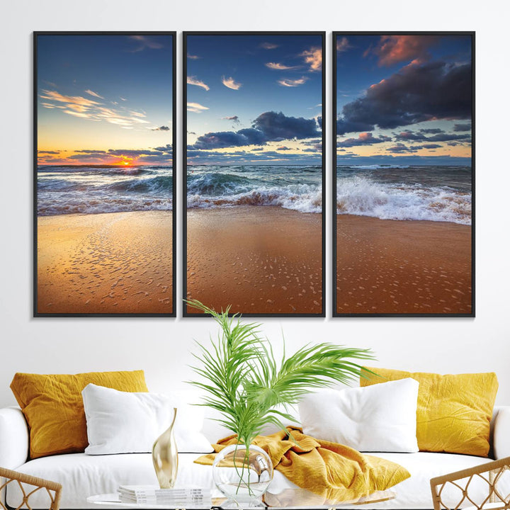 A Beach Canvas Wall Art depicting ocean waves and a tranquil sunset hangs above, capturing the serene beauty of coastal scenery.