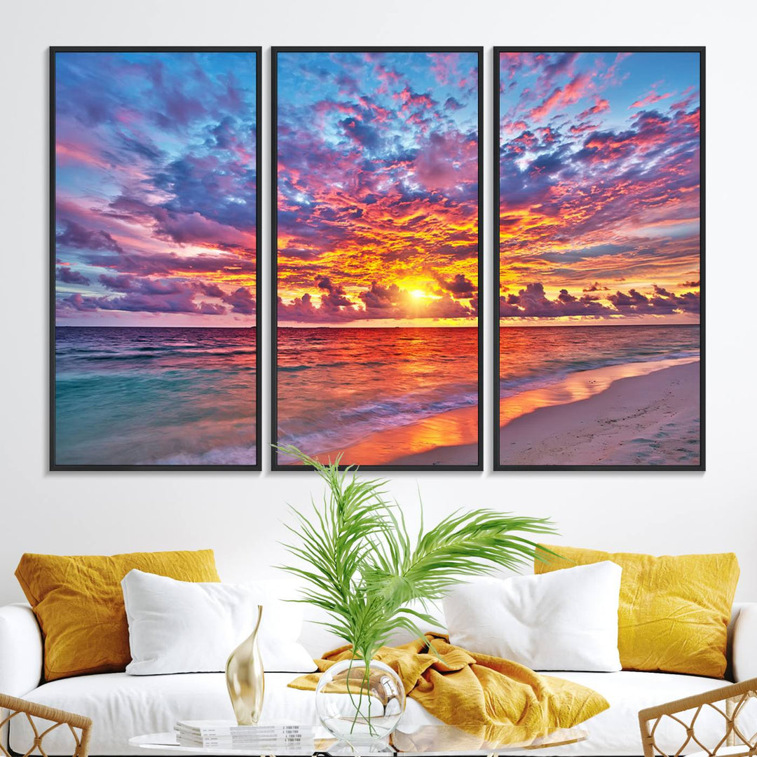 The Vibrant Sunset Beach Wall Art hangs prominently on the wall.