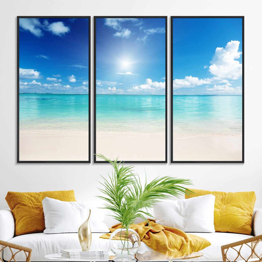 The Blue Ocean Wall Art Canvas Print hangs, creating a tranquil paradise.