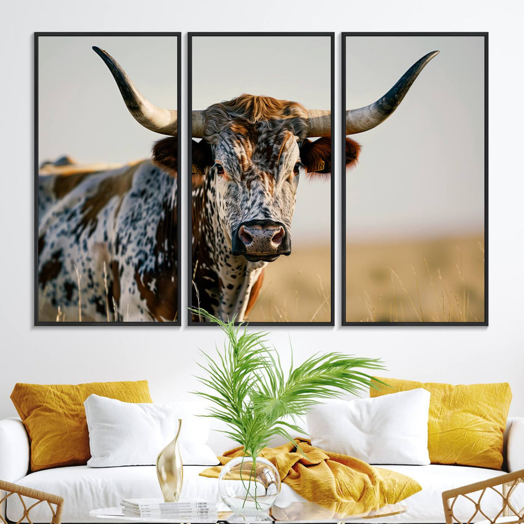 The Texas Bull Longhorn Wall Art Canvas Print is perfect for farmhouse decor.