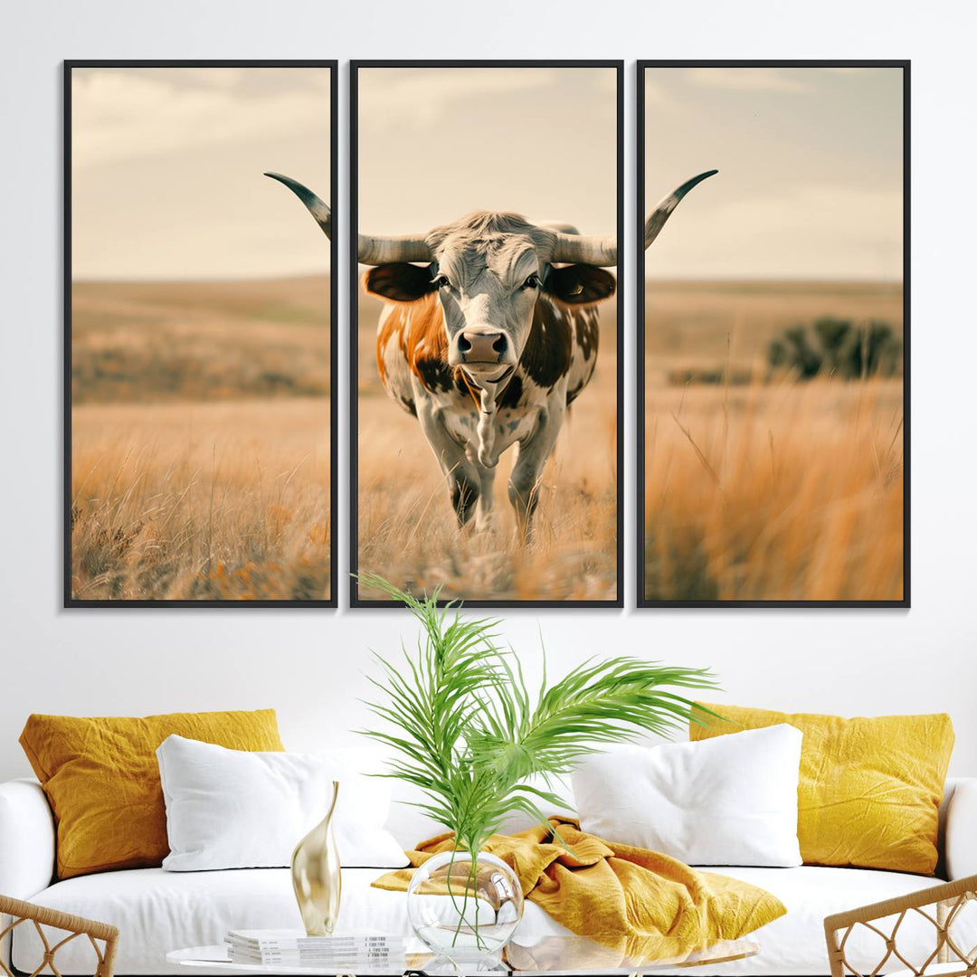 The Texas Cow Longhorn Wall Art Canvas adds rustic charm to the decor.