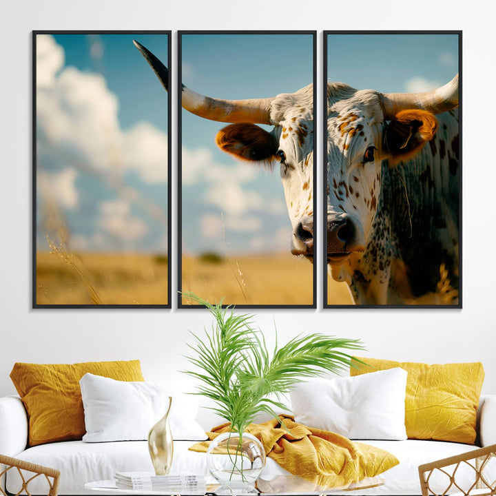 The Longhorn in the Prairie triptych cowboy wall art is ideal for western decor.