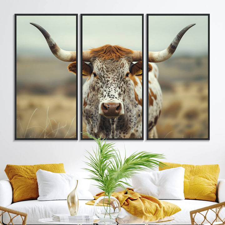 The Texas Cow Longhorn Canvas Print hangs, adding Western elegance.