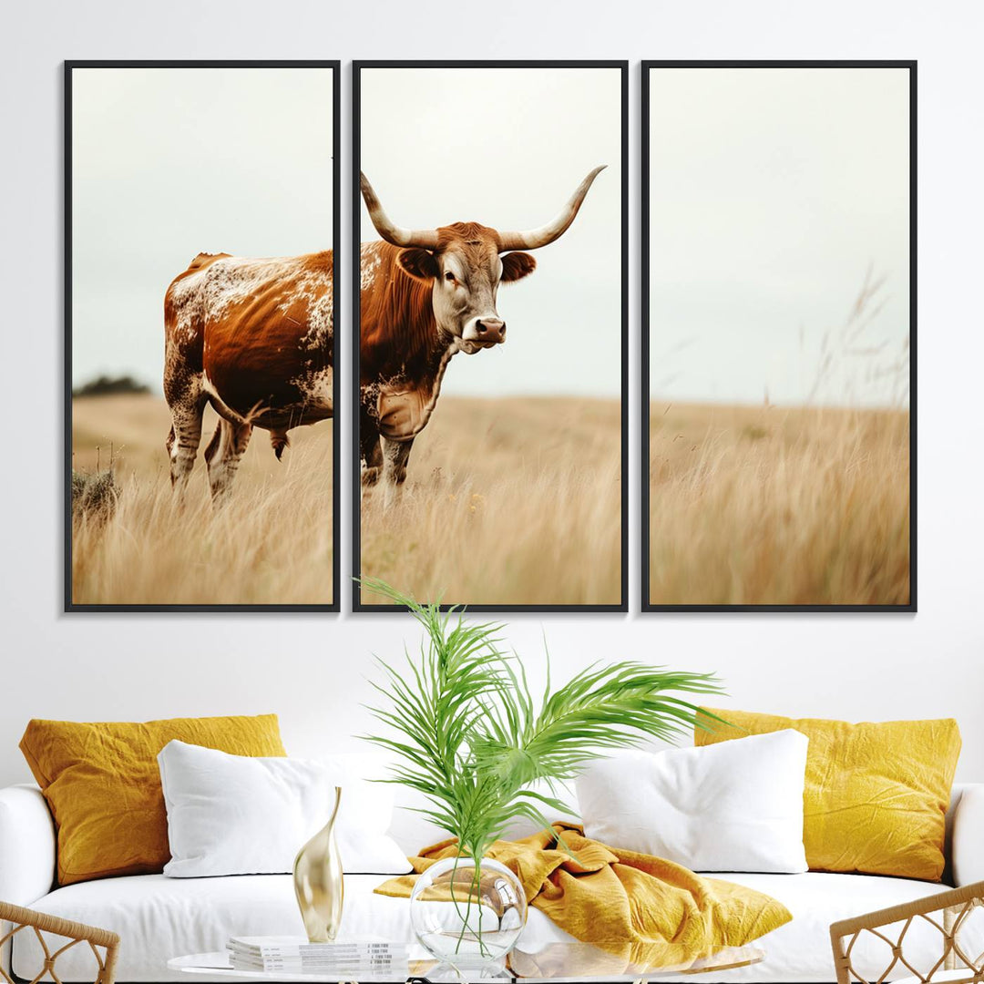 The Texas Longhorn canvas wall art print enhances a rustic farmhouse decor setting.