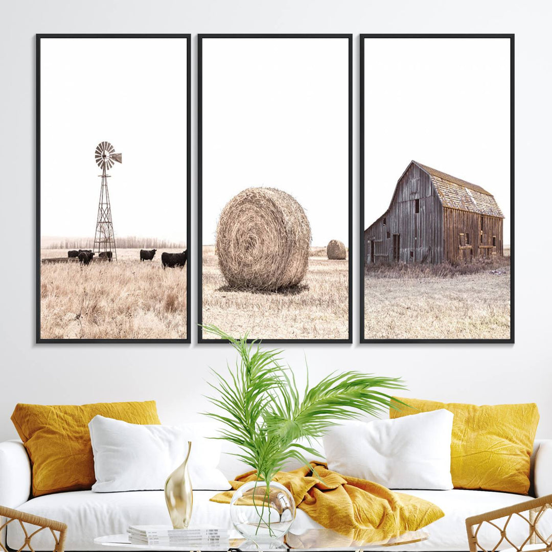 Above the couch, a Rustic Farmhouse Wall Art set depicts a barn and wheat field.