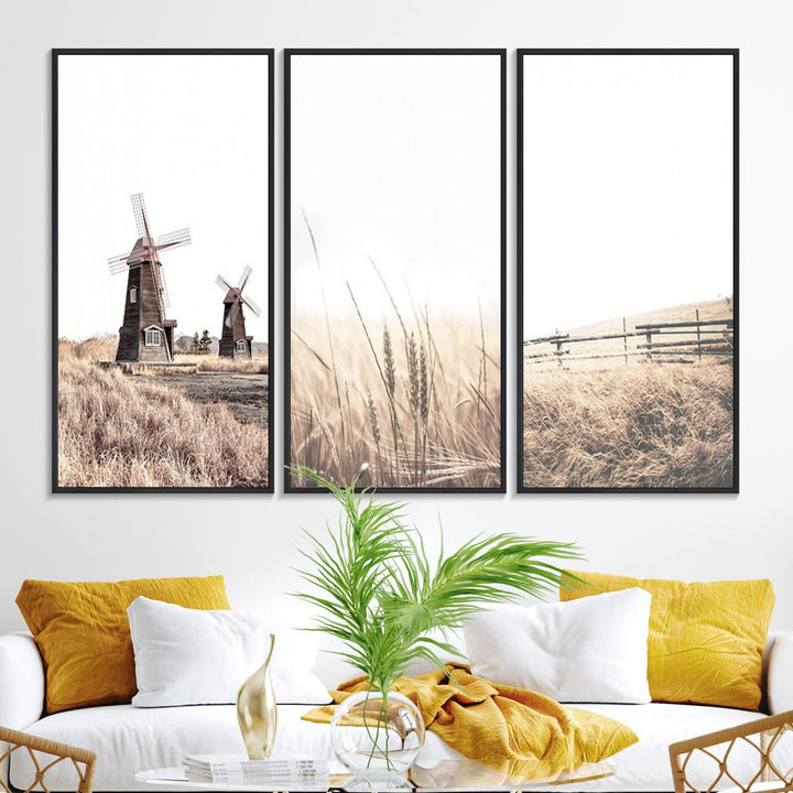 Farmhouse wall art set: 3 giclee canvas prints featuring windmills and wheat fields.