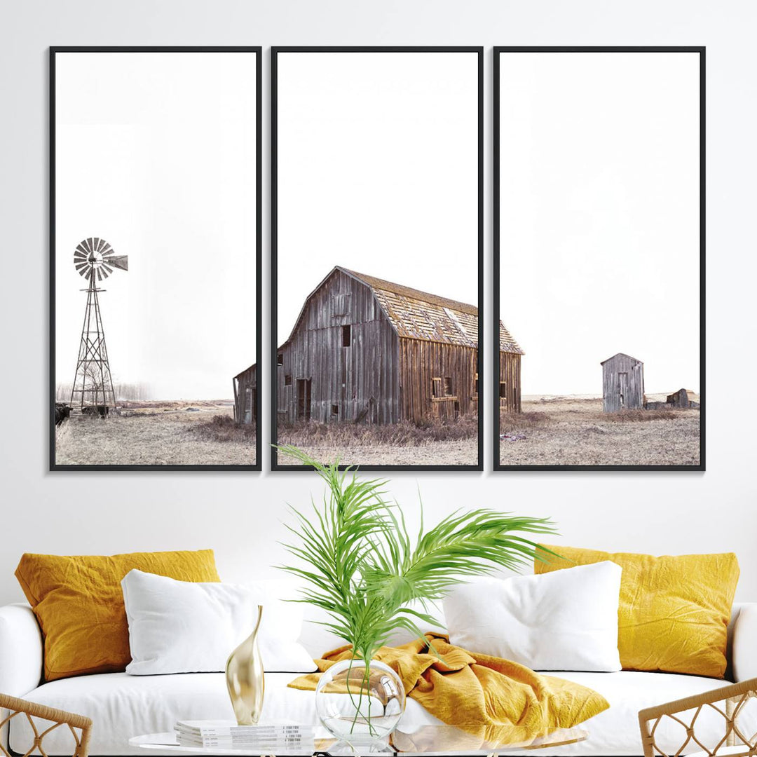 The Set of 3 Rustic Farmhouse Wall Art Prints features a barn, wheat field, and landscape.