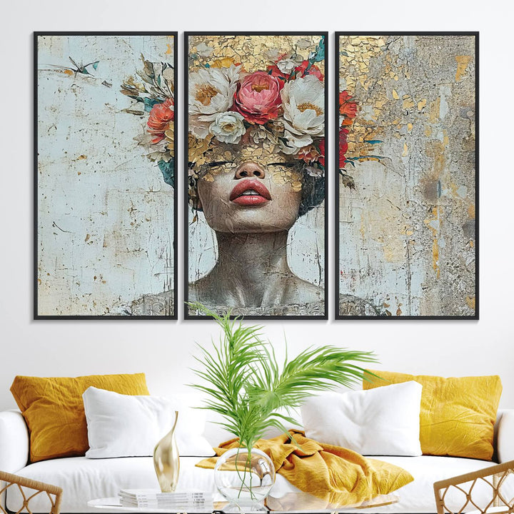 Golden Petal Canvas Print of a silhouette woman with a floral head creates a captivating focal point in the space.