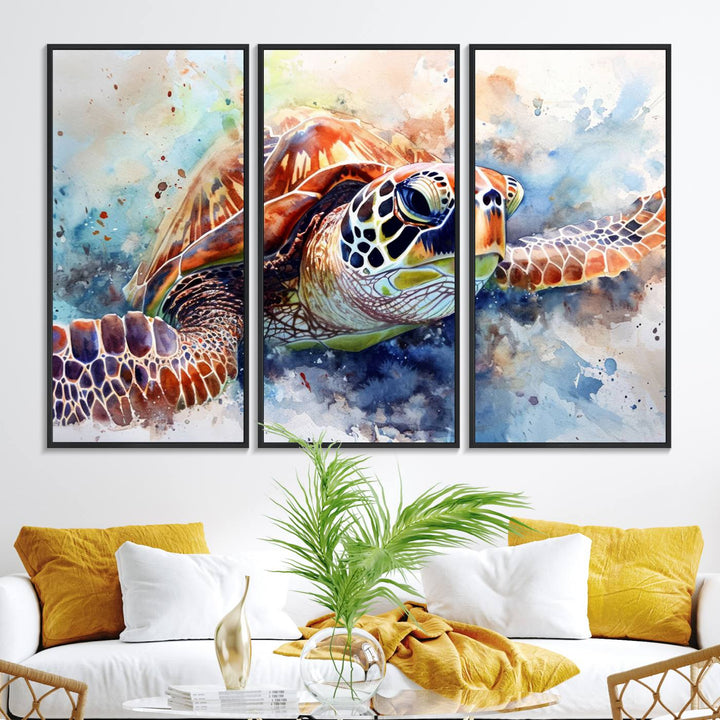 A Watercolor Sea Turtle Canvas Print with vibrant ocean colors adorns the wall.