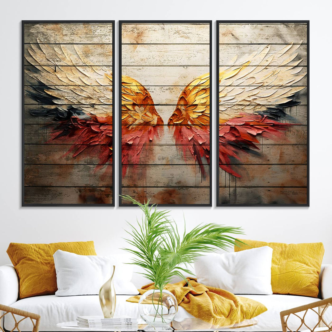 Abstract Angel Wings Canvas Art on a wooden backdrop.