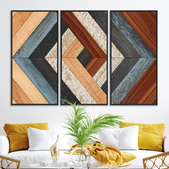 A Geometric Wood Art Wall Decor with a rustic pattern hangs prominently.