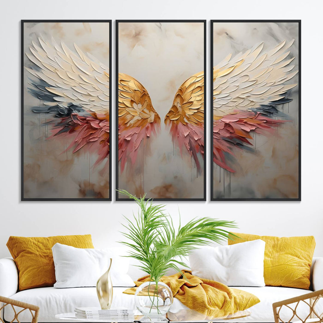 The Golden Angel Wings canvas print elegantly adorns the wall.