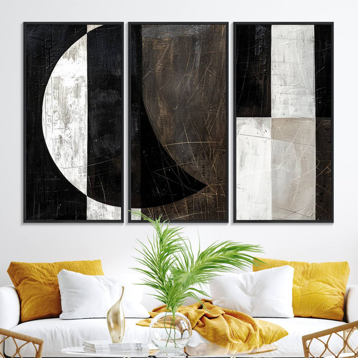 Wabi Sabi Wall Art Canvas Set features black, white, and brown geometric shapes.