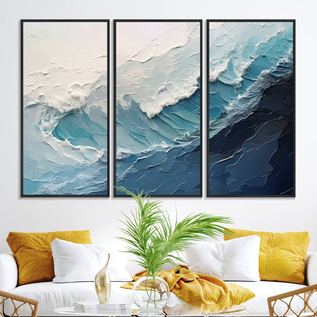 A Blue Abstract Wave Ocean Wall Art Canvas Print adorns the wall.