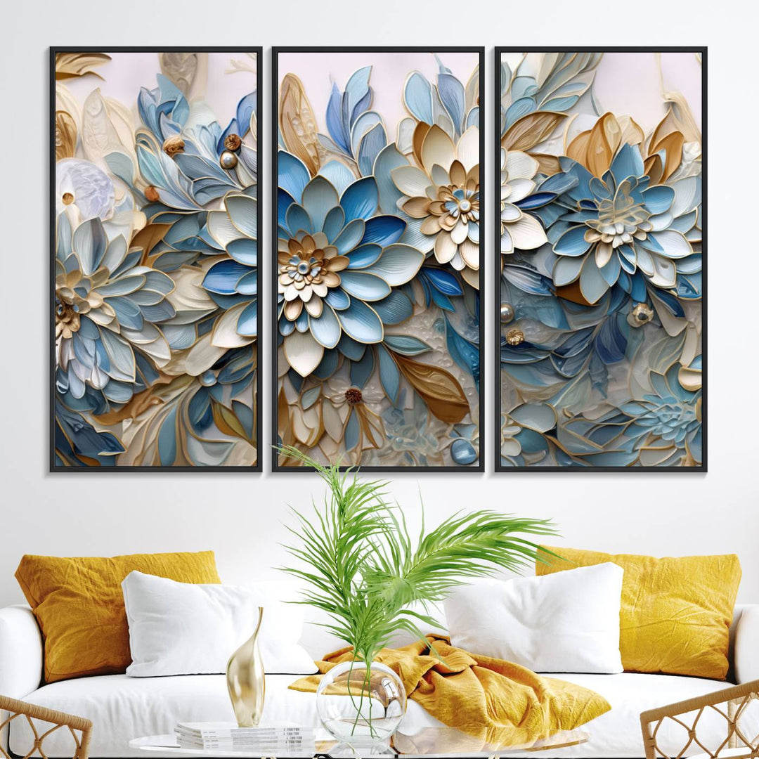 Blu Abstract Flower Canvas with blue, white, and gold petals—perfect home decor.