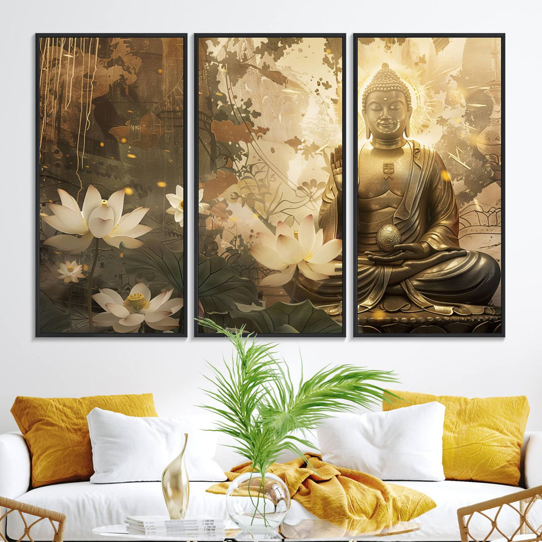 The living room features the Zen Buddha Wall Art Canvas Print with lotus flowers.