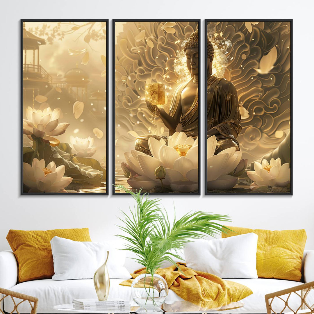 A framed Golden Buddha Wall Art with lotus flowers, ideal for meditation rooms, is beautifully displayed.