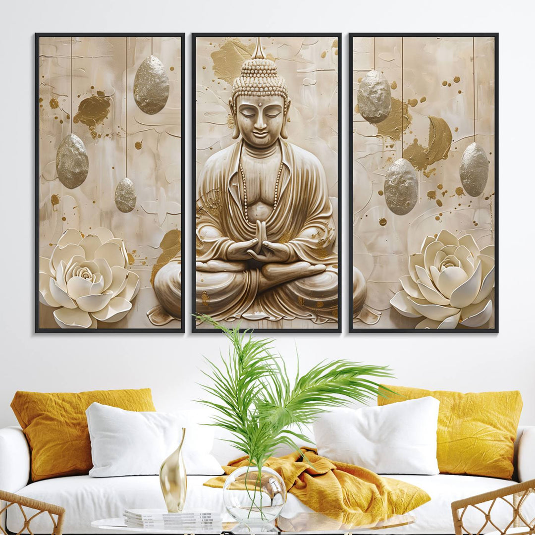 A modern Serene Buddha Wall Art, enhanced by lotus flowers, creates a tranquil atmosphere.