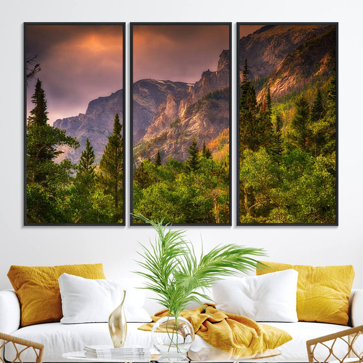 The Colorado Rockies Mountains wall art canvas print at sunset is displayed prominently.