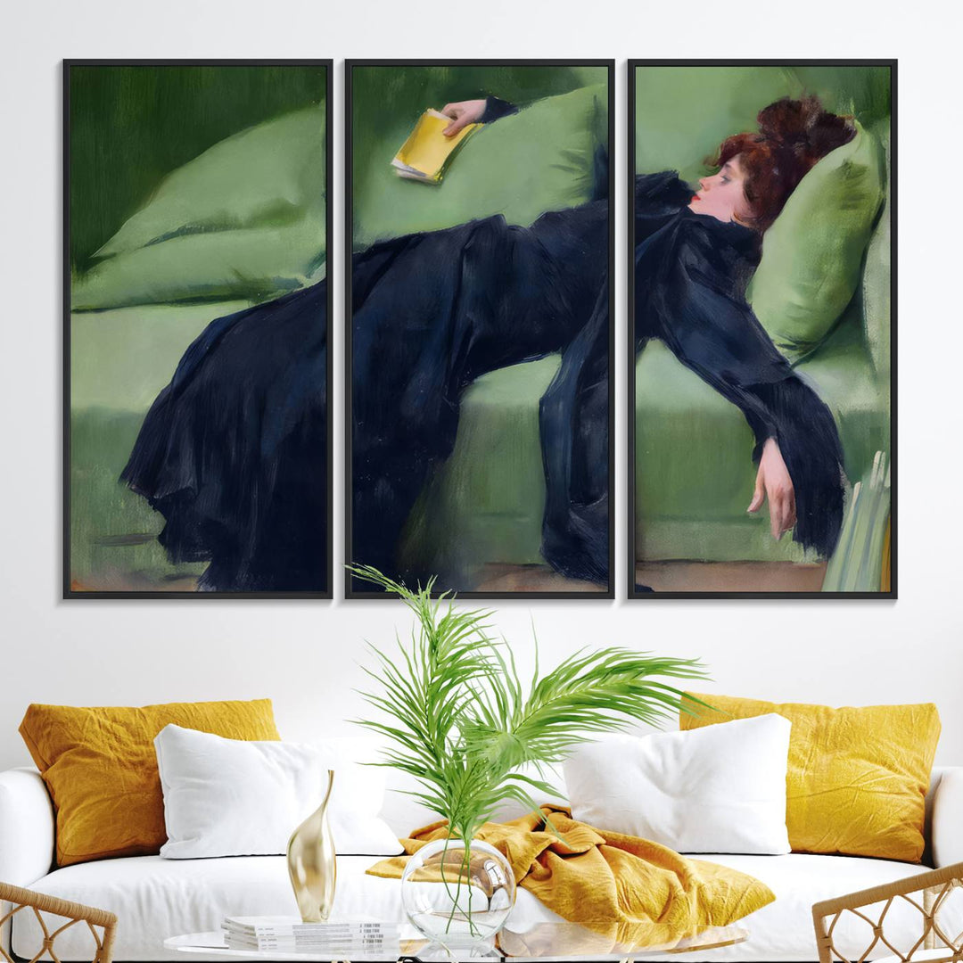 A modern kitchen features a Decadent Girl by Ramon Casas canvas print on the wall.