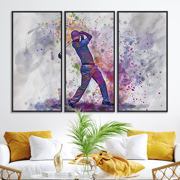 Vibrant abstract silhouette of a golf swing on white with multicolored splatters. Perfect for enthusiasts!.